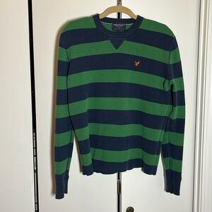 American Eagle men’s crewneck, green and navy blue stripes sweater